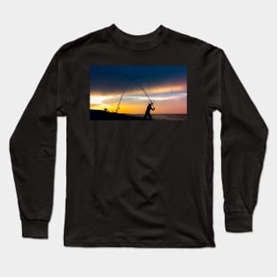 Fisherman cast fishing rods on the seashore at a dramatic sunset. Long Sleeve T-Shirt